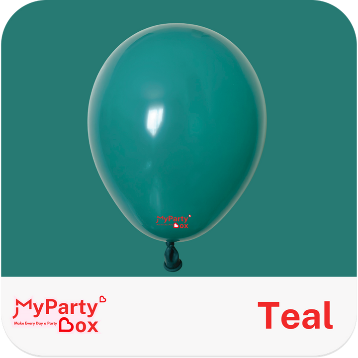 Teal balloon with 'MyPartyBox' logo on a green and white background
