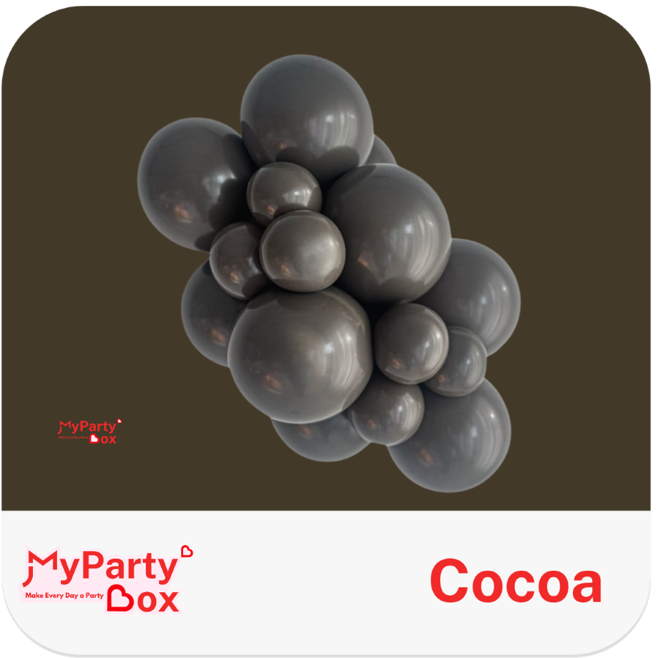 Gray balloons on a brown and white background with 'MyPartyBox' branding.