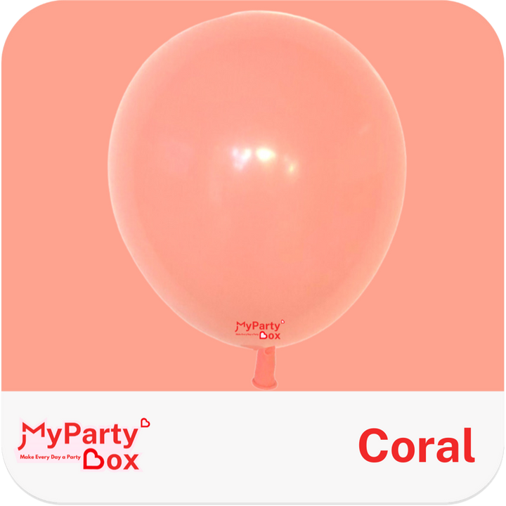 Coral balloon with 'MyPartyBox' branding on a peach background