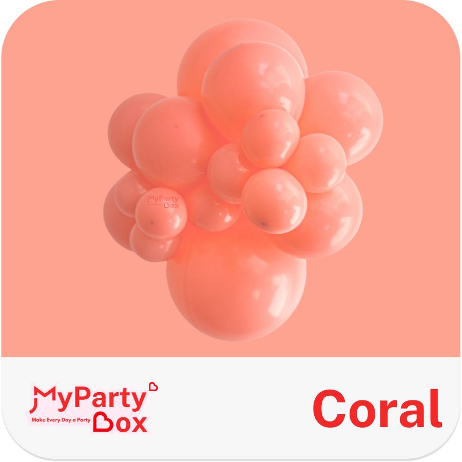 Coral balloons on a peach background with 'My Party Box' branding.