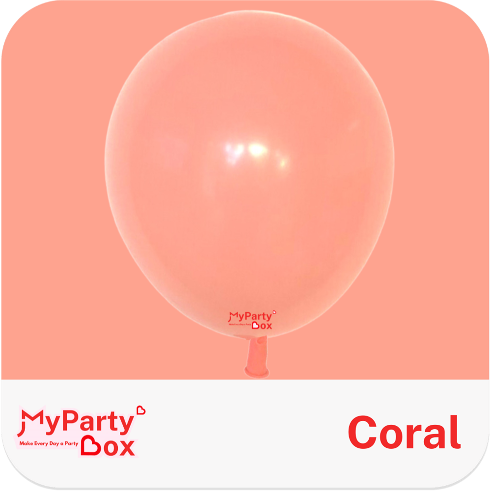 Coral balloon with 'MyPartyBox' branding on a peach background