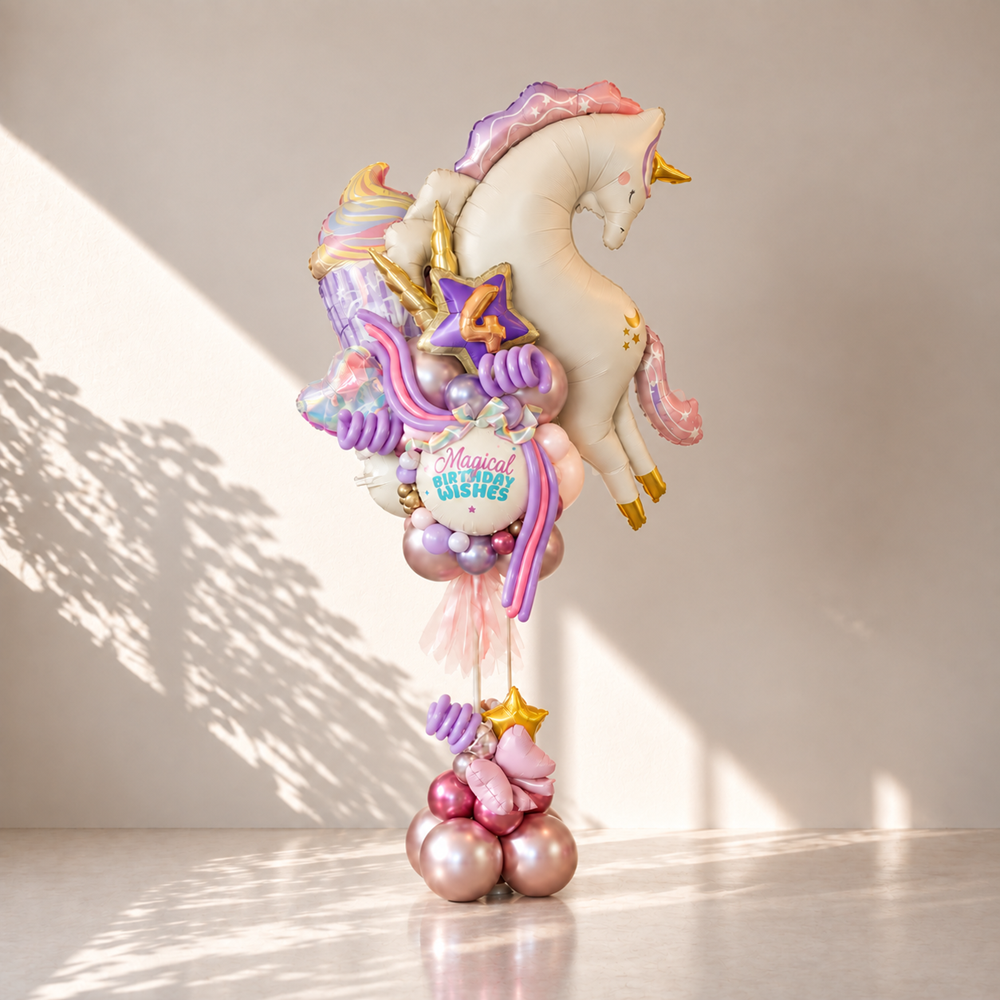 A whimsical unicorn-themed birthday balloon bouquet featuring a large white unicorn balloon with gold and pink accents, pastel purple and pink streamers, star balloons, and metallic rose-gold and pink balloons at the base, displayed indoors against a light gray wall with soft window shadows.