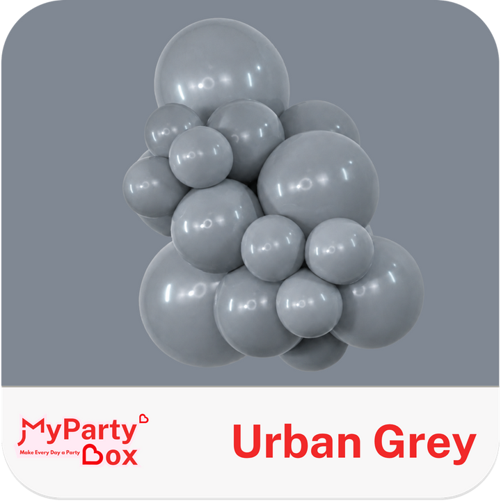 A cluster of matte gray balloons in various sizes, presented on a gray background with a white banner at the bottom featuring the text 'MyParty Dox' and 'Urban Grey'.