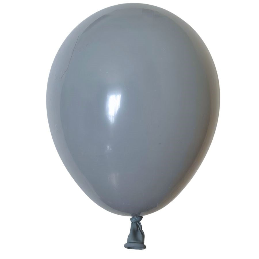 A single matte gray latex balloon, inflated and tied at the bottom, shown against a plain white background.