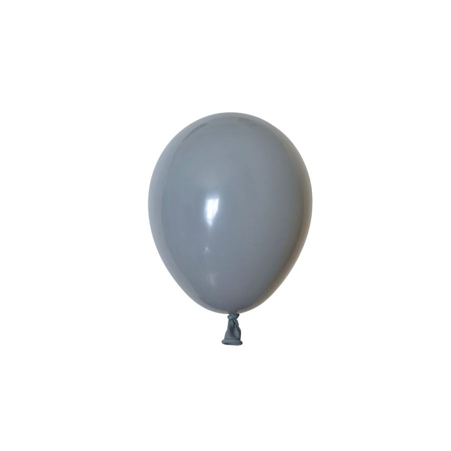 A single matte gray latex balloon centered on a plain white background.