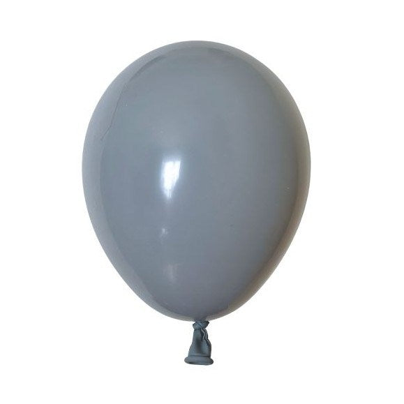 A single matte gray latex balloon, inflated and tied at the bottom, shown against a plain white background.
