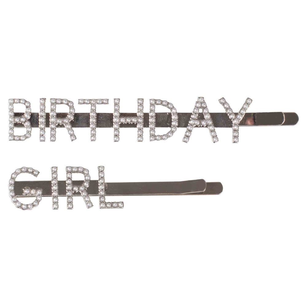 Two silver hair slides featuring "Birthday Girl" spelled out in small white pearls.