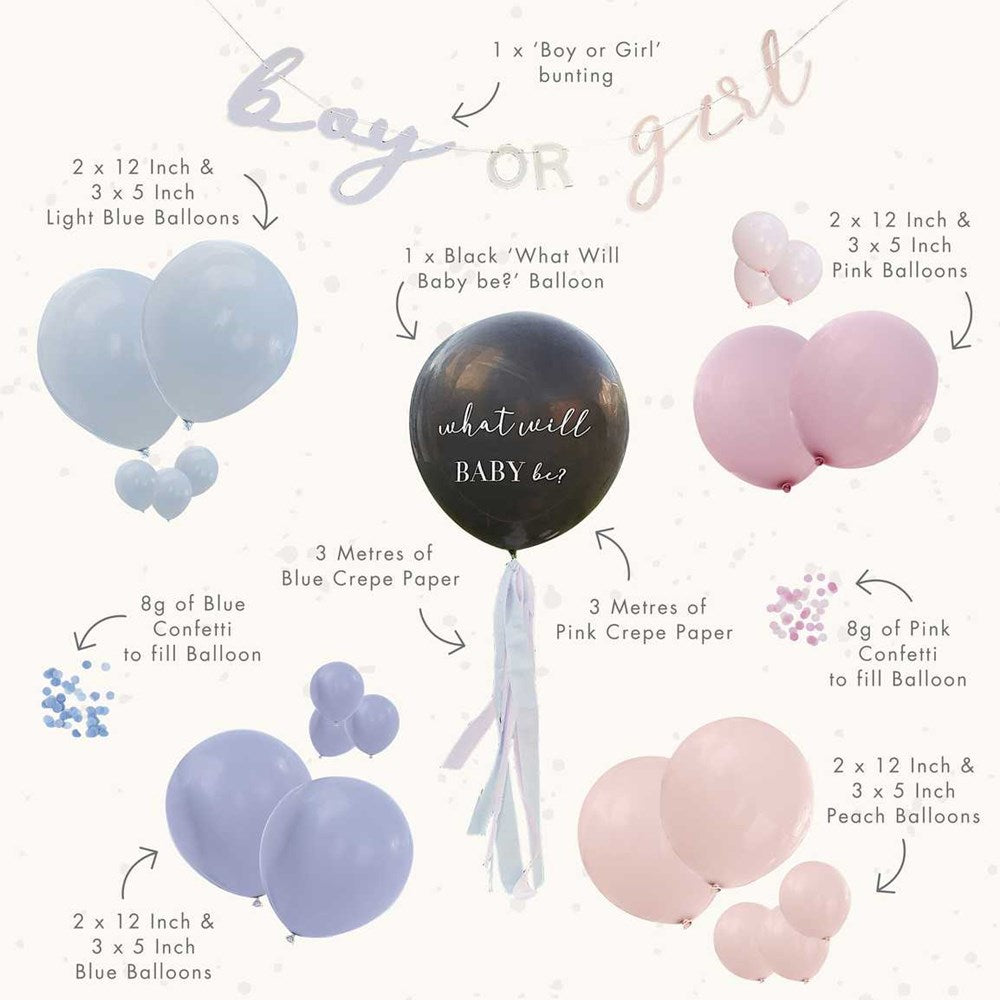 Gender reveal party kit with balloons, confetti, bunting, and a black "What Will Baby Be" balloon.