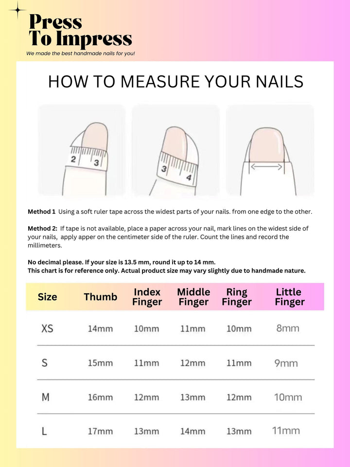 Instructions on how to measure nails with a soft ruler tape and a chart for nail size measurement.
