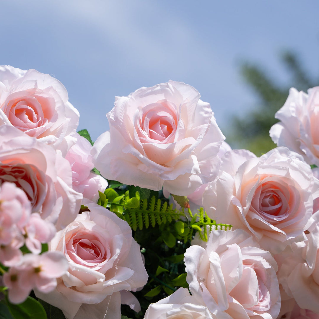 Bouquet of pink roses with a clear blue sky in the background