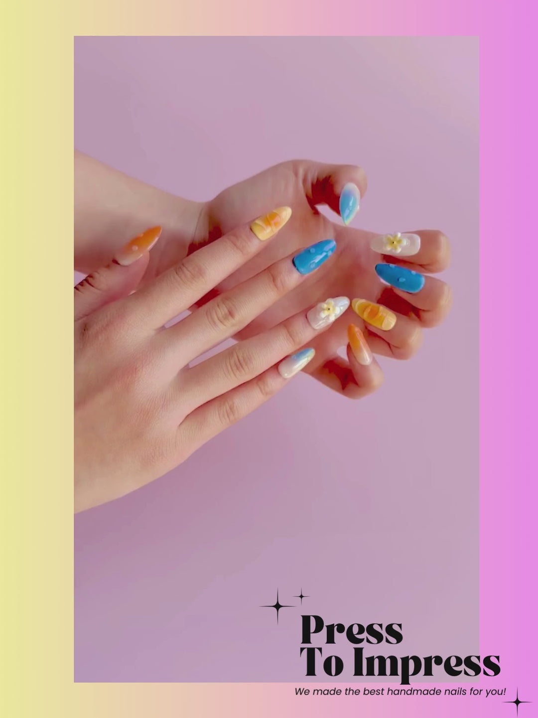 A Video shows A hand holds a clear plastic case displaying colorful press-on nails with gradient designs, floral accents, and glossy finishes against a pink-to-yellow gradient background with 'Press To Impress' branding.