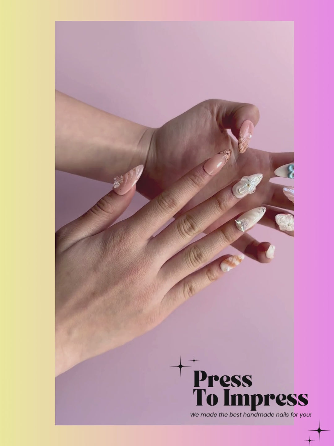 Video shows A hand holds a clear plastic case displaying ten decorative press-on nails. The nails feature pastel peach, mint green, cream, and orange designs with floral, shell, and glitter details.