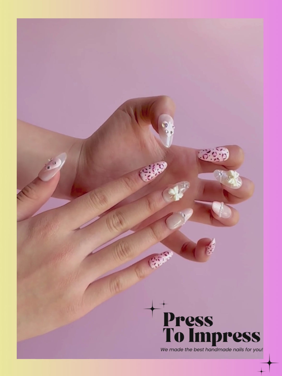 Video shows A hand holds a clear plastic case displaying 10 decorative press-on nails. The nails feature beige, pink, and red leopard print designs, along with white bow and pearl embellishments.