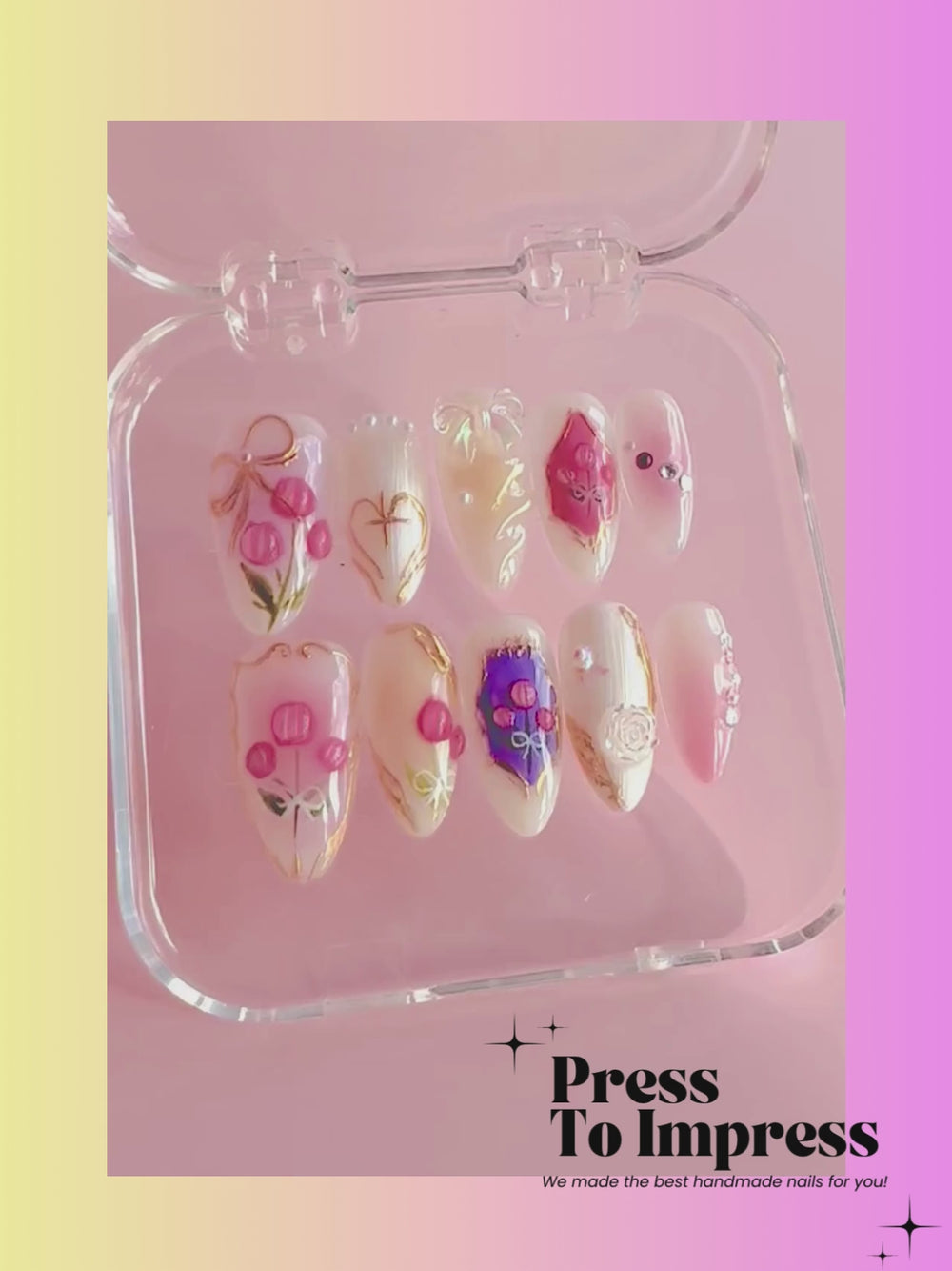 Video shows A hand holds a clear plastic case displaying 10 press-on nails with intricate designs including pink flowers, gold glitter, and 3D pearl embellishments. The background is a soft pink-to-yellow gradient with 'Press To Impress' branding text.