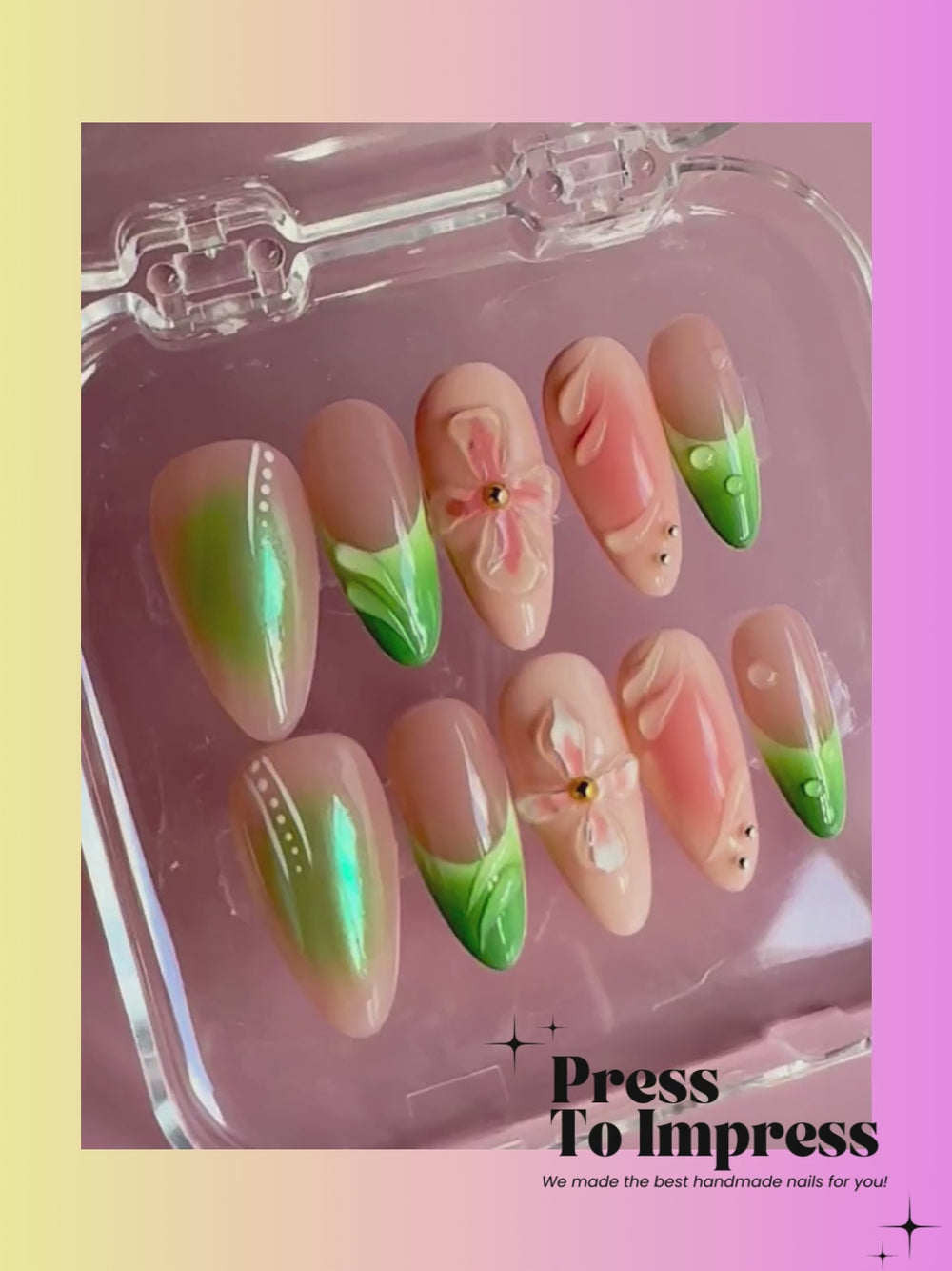 A video shows A hand holds a clear plastic case displaying 10 press-on nails with pastel peach, green, and white floral designs. The background is a soft pink-to-yellow gradient with the text 'Press To Impress' in the top left corner.