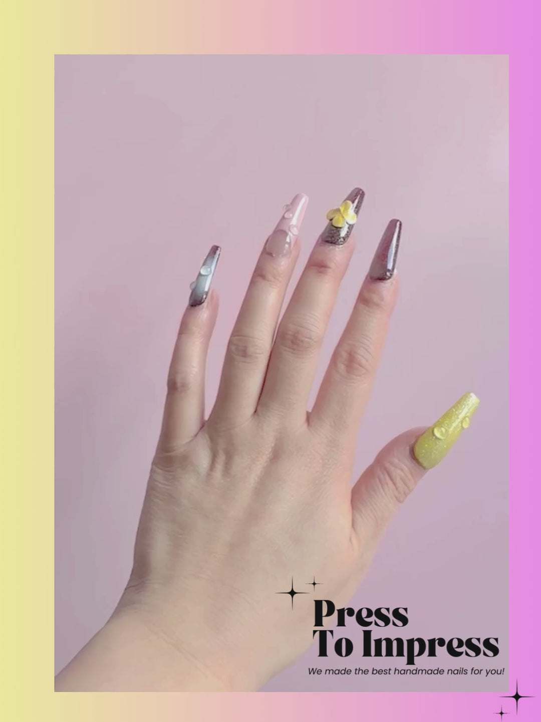 A Video shows A hand holds a clear plastic case displaying ten decorative press-on nails with various designs including glitter, flowers, and rhinestones, set against a pink and yellow gradient background with 'Press To Impress' branding.