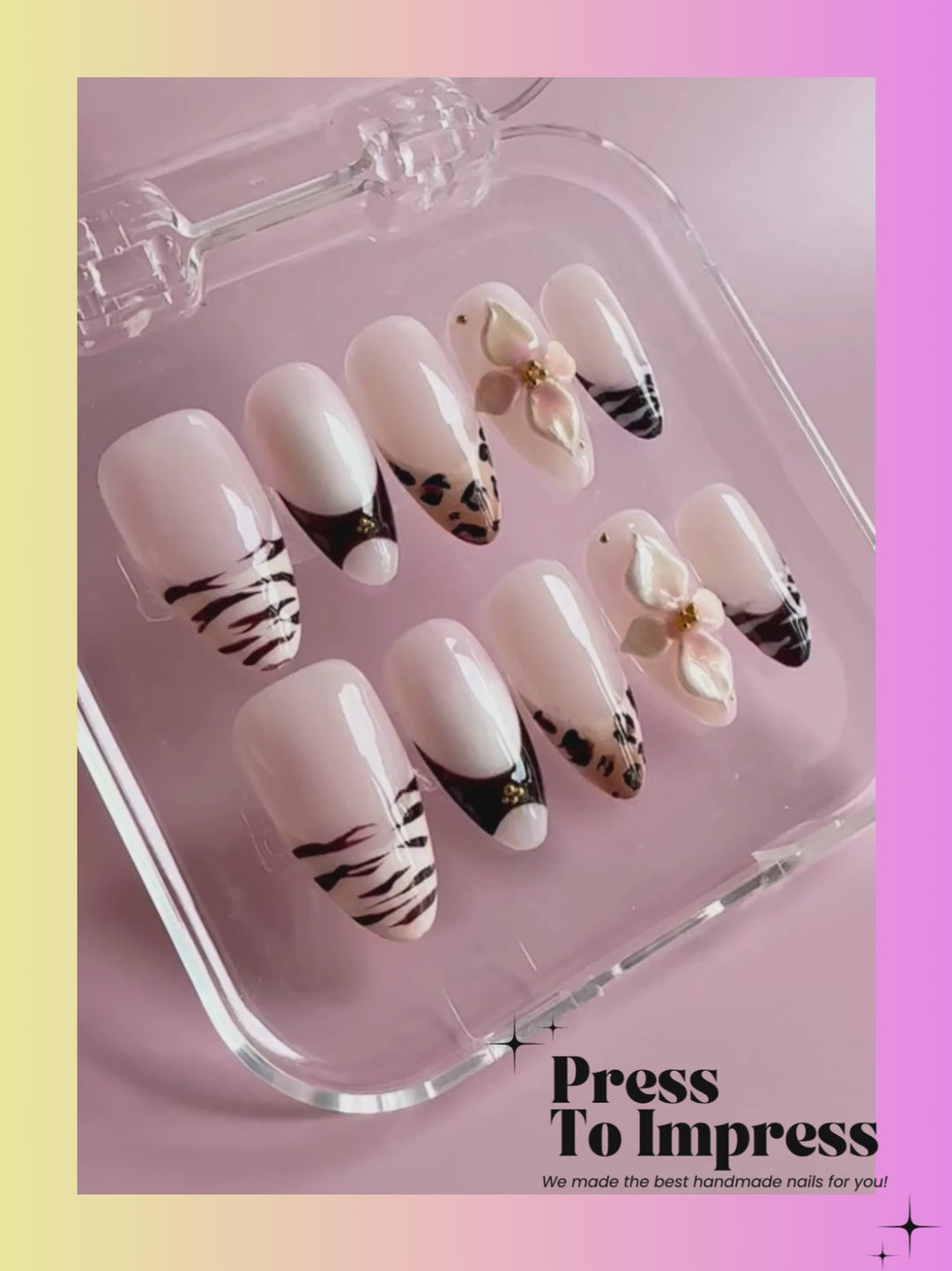 A video shows A hand holds a clear plastic case displaying ten press-on nails with elegant designs including leopard print, zebra stripes, pink flowers, and metallic gold details. The background is a soft pink-to-yellow gradient with 'Press To Impress' branding text in the upper left.