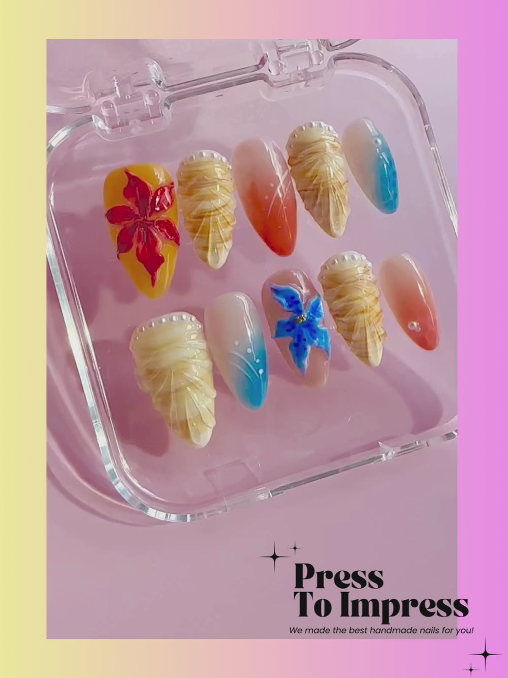 A Video shows A hand holds a clear plastic case displaying ten decorative press-on nails with various designs including floral, striped, and gradient patterns. The background is a soft pink-to-yellow gradient with the text 'Press To Impress' at the top.