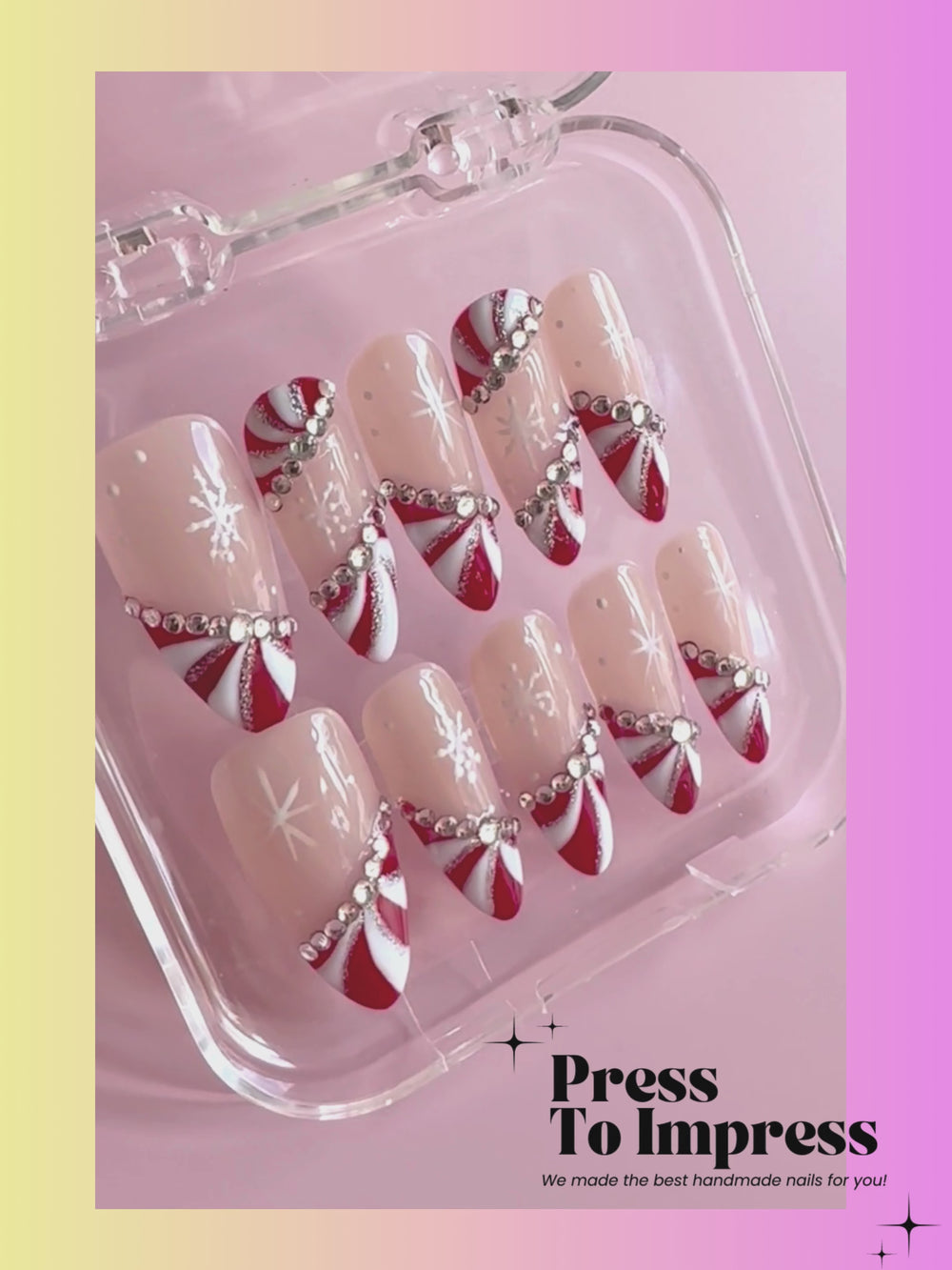 A video shows A hand holds a clear plastic case displaying press-on nails with a beige base, white snowflakes, and red-and-white candy cane patterns. The background is a pink-to-yellow gradient with the text 'Press To Impress' in the upper left.