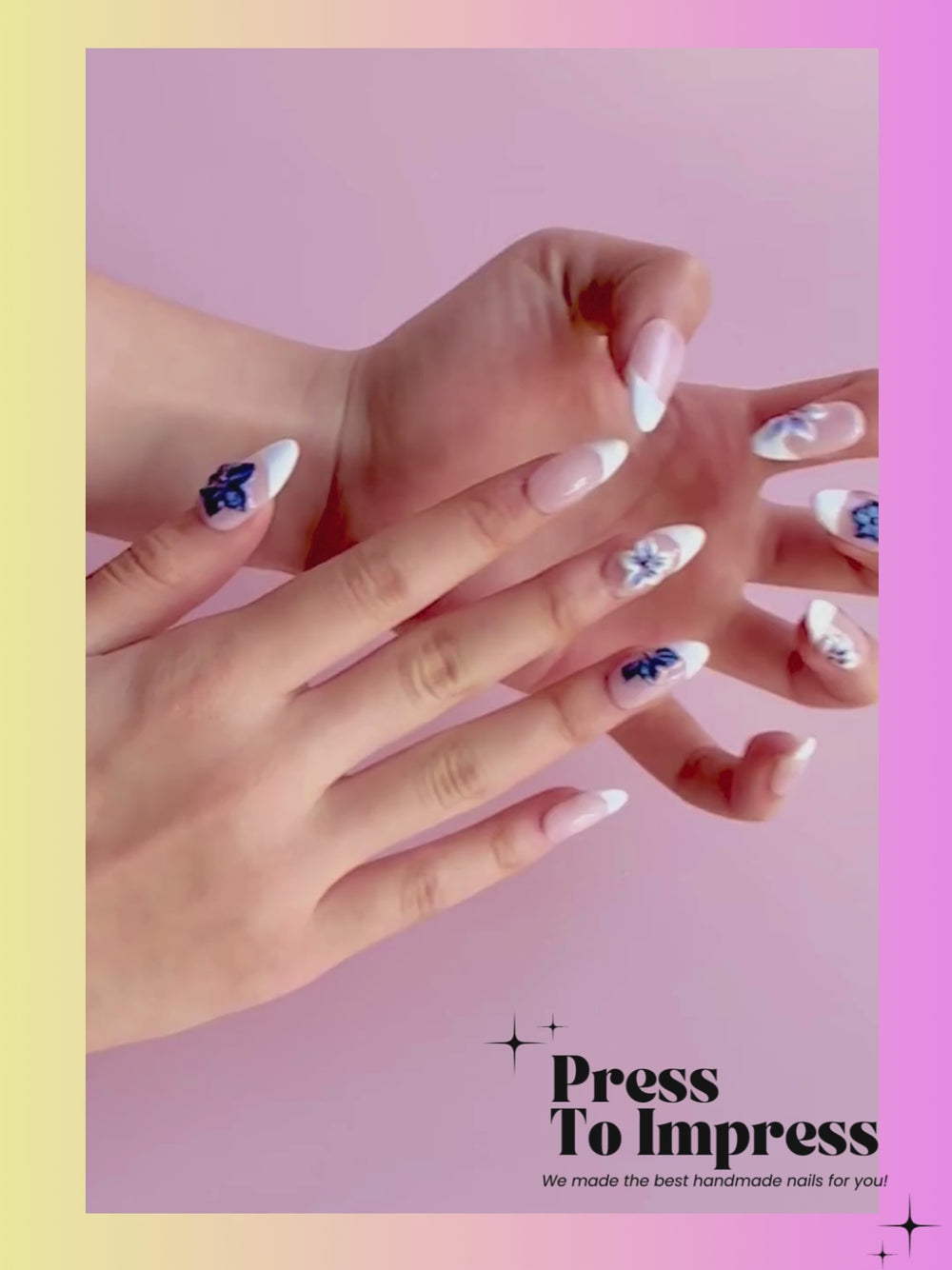 A Video shows A hand holds a clear plastic case displaying 10 press-on nails with a French manicure design, featuring some decorated with blue and white floral patterns. The background is a pink and yellow gradient with text that reads 'Press To Impress'.