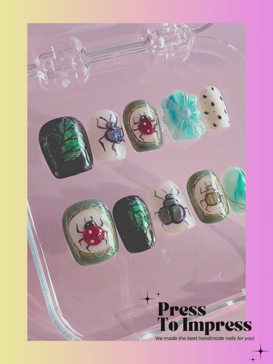 video shows A hand holds a clear plastic case displaying 10 press-on nails with various designs including beetles, ladybugs, leaves, and polka dots, set against a pink and yellow gradient background with 'Press To Impress' branding.