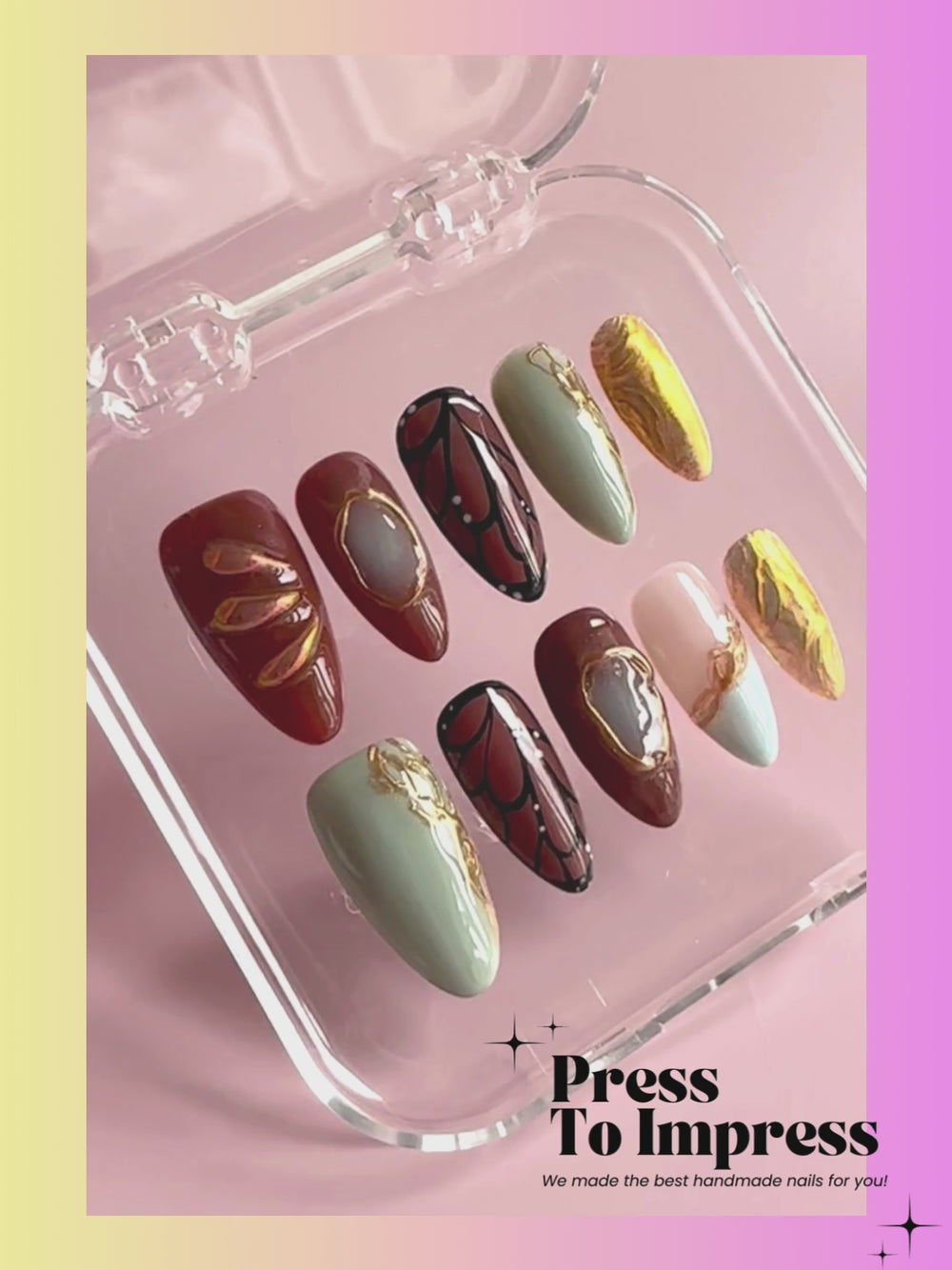 A Video shows A hand holds a clear plastic case displaying 10 press-on nails with autumn-themed designs, including brown, black, mint green, beige, and gold leaf patterns. The background is a soft pink-to-yellow gradient with the text 'Press To Impress' at the top.