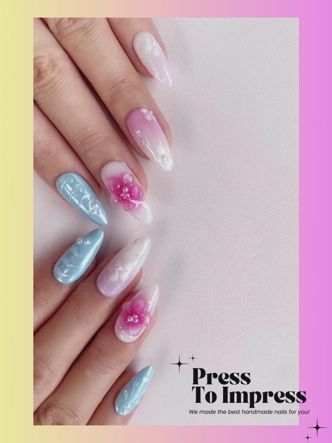 Video shows A hand holds a clear plastic case displaying 10 press-on nails with pastel gradients, floral designs, and glitter details against a pink and yellow gradient background with 'Press To Impress' branding.
