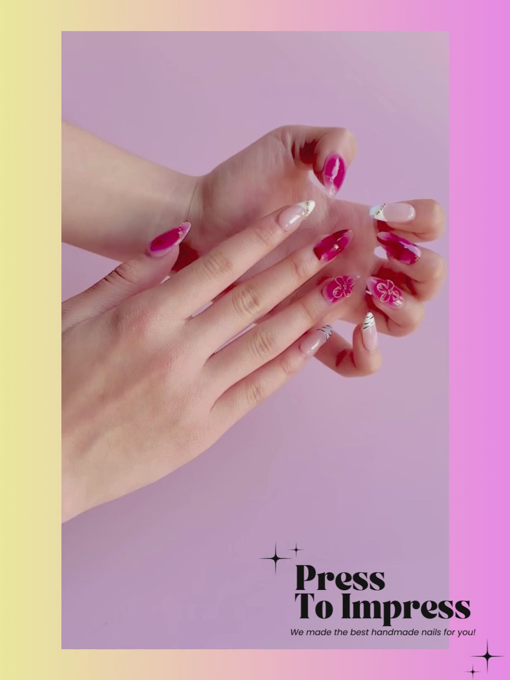 A Video shows A hand holds a clear plastic case displaying 10 pink and red press-on nails with white French tips, floral designs, and gold glitter details. The background is a pink-to-yellow gradient with the text 'Press To Impress' in the top left.