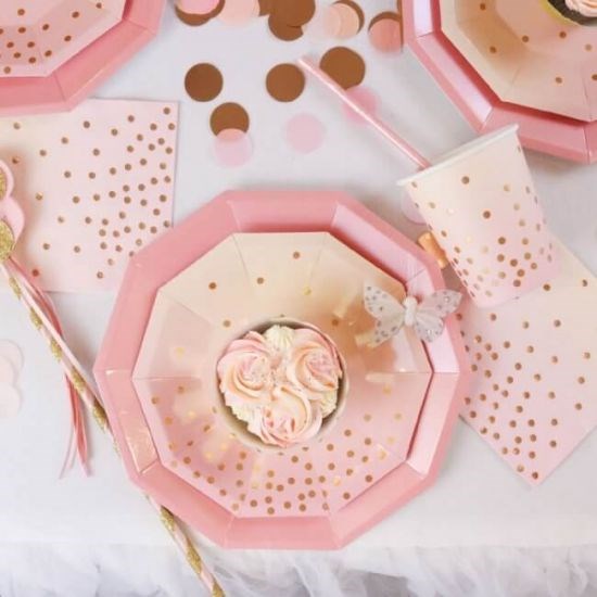 7" Illume Pink & Peach With Confetti Color Paper Plate on the table with Pink and Peach Napkins and Cup on table