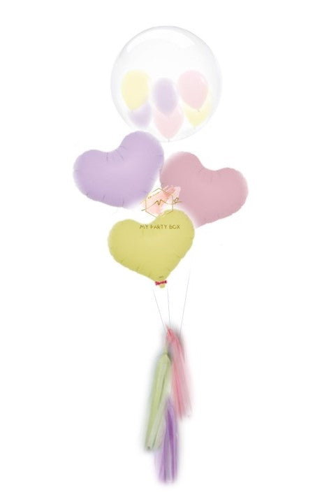 My Party Box Bubble Gum Balloon Bouquet with one bubble balloon with mini latex balloon inside and one pastel Pink foil heart balloon, one Pastel Purple foil heart balloon and one pastel yellow  Heart Balloon