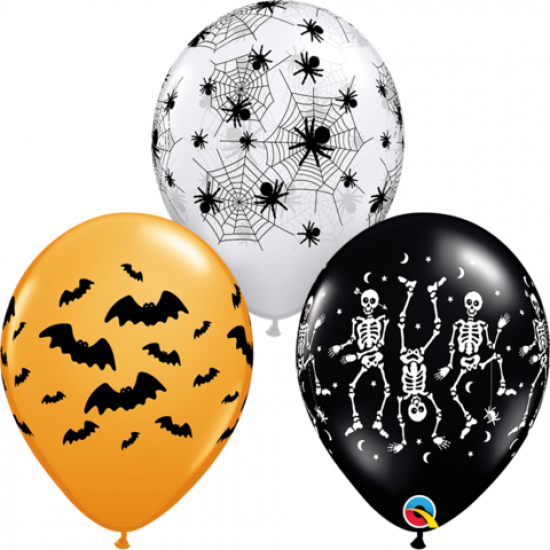Qualatex Spooky Design Halloween Print Regular Size Latex Balloon with Bat, Spider Web and Skeleton Pattern