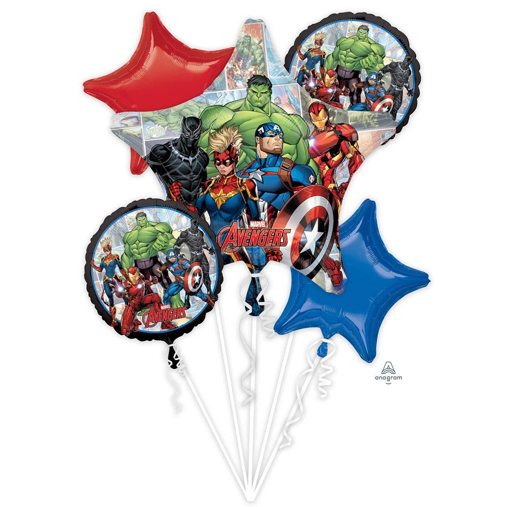 Anagram Avengers Powers Unite Balloon Bouquets with one Jumbo star shape foil balloon with Avenger figures and two round 16" foil balloons with avenger figures and one red star foil balloon and one blue star foil balloon