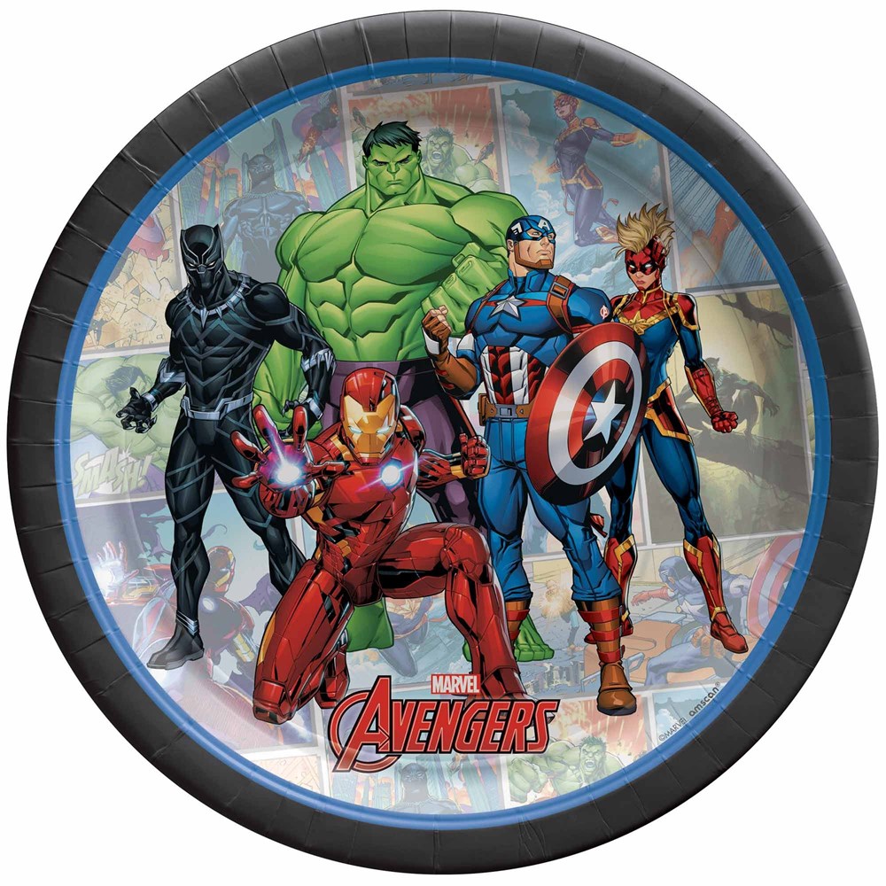 Avengers Power Unite 17cm Round Paper Plates with Avenger figures on it