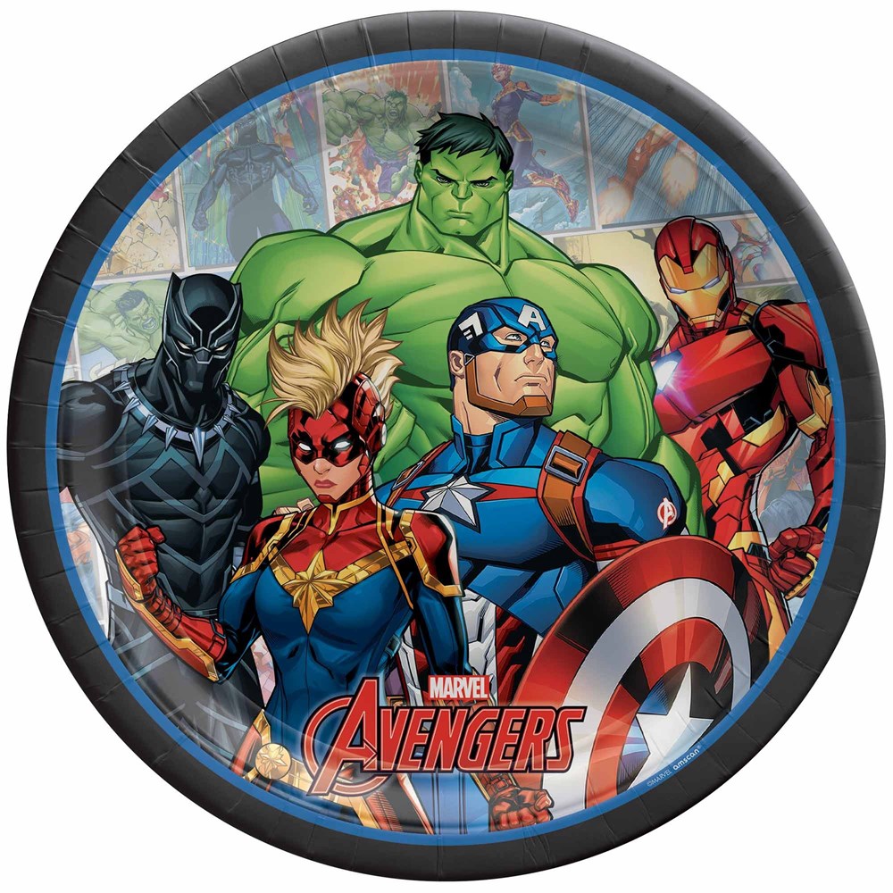 Anagram Avengers Power Unite 23cm Round Paper Plates with Avengers figures on it.