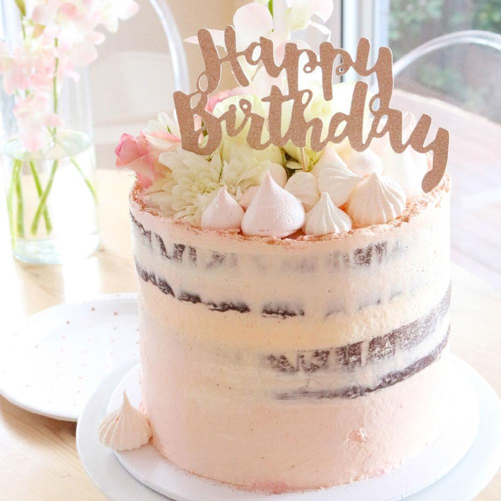 Happy Birthday Rose Gold Glitter Cake Topper