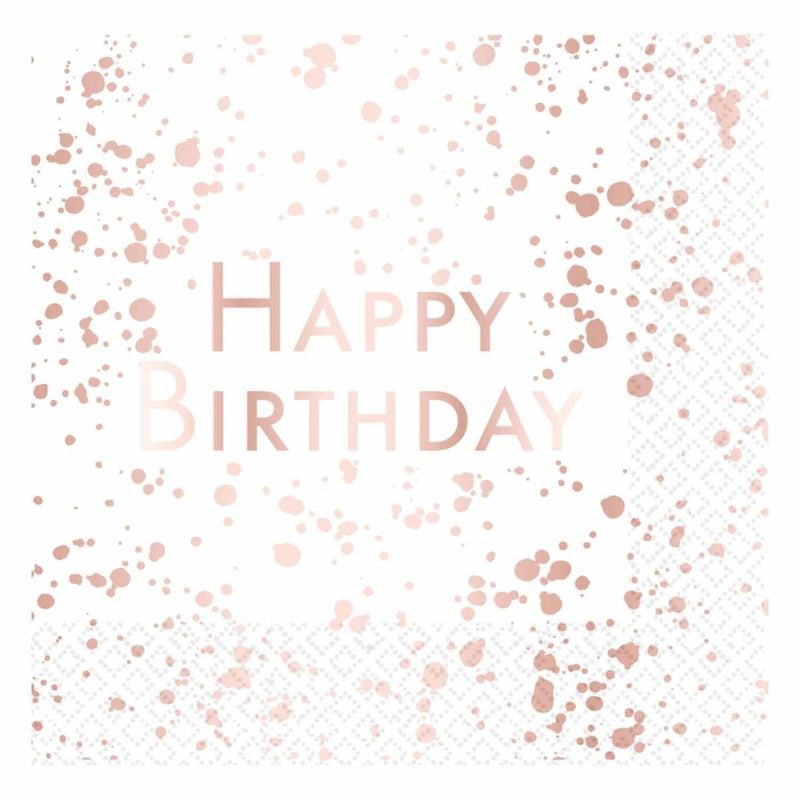 White and Rose Gold Happy Birthday Lunch Napkins (PK16)