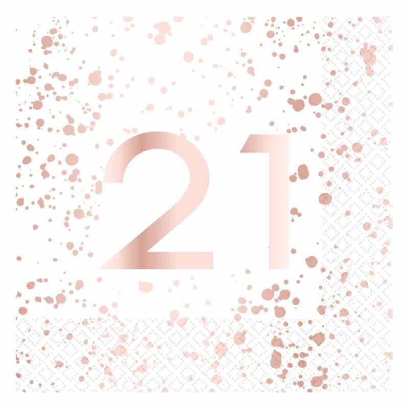 White and Rose Gold 21st Lunch Napkins (PK16)