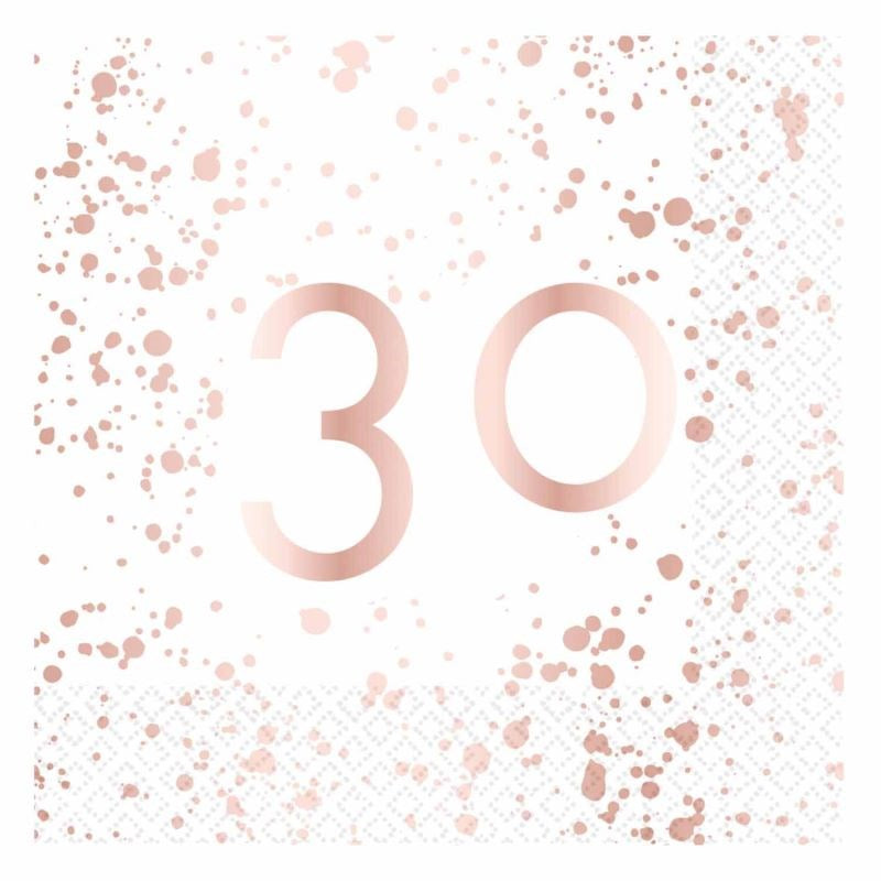 White and Rose Gold 30th Lunch Napkins (PK16)