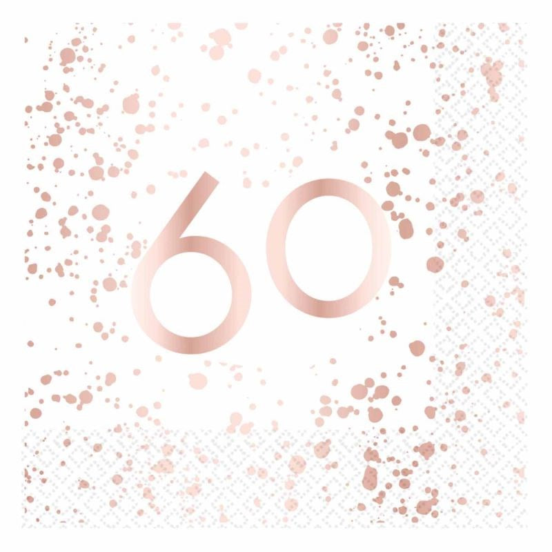 White and Rose Gold 60th Lunch Napkins (PK16)