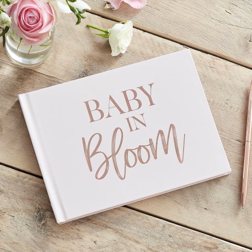 Ginger Ray Baby in Bloom Baby Shower Guest Book in Wooden Floor background 