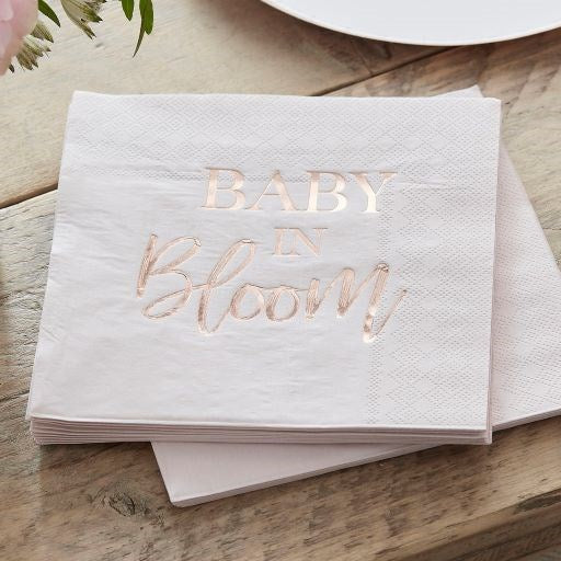 Ginger Ray Baby in Bloom Rose Gold Baby Shower Napkins on Wooden Table