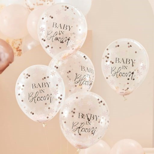 Ginger Ray Baby In Bloom Rose Gold Baby Shower Flowers Latex Balloon & Confetti Bundle with Peach Background