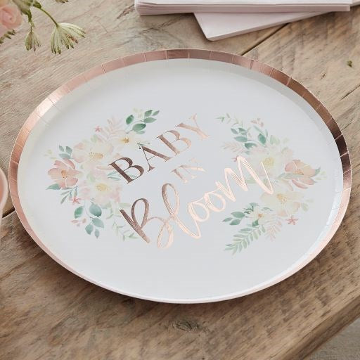Ginger Ray Baby in Bloom Rose Gold Baby Shower Paper Plate  on Wooden table