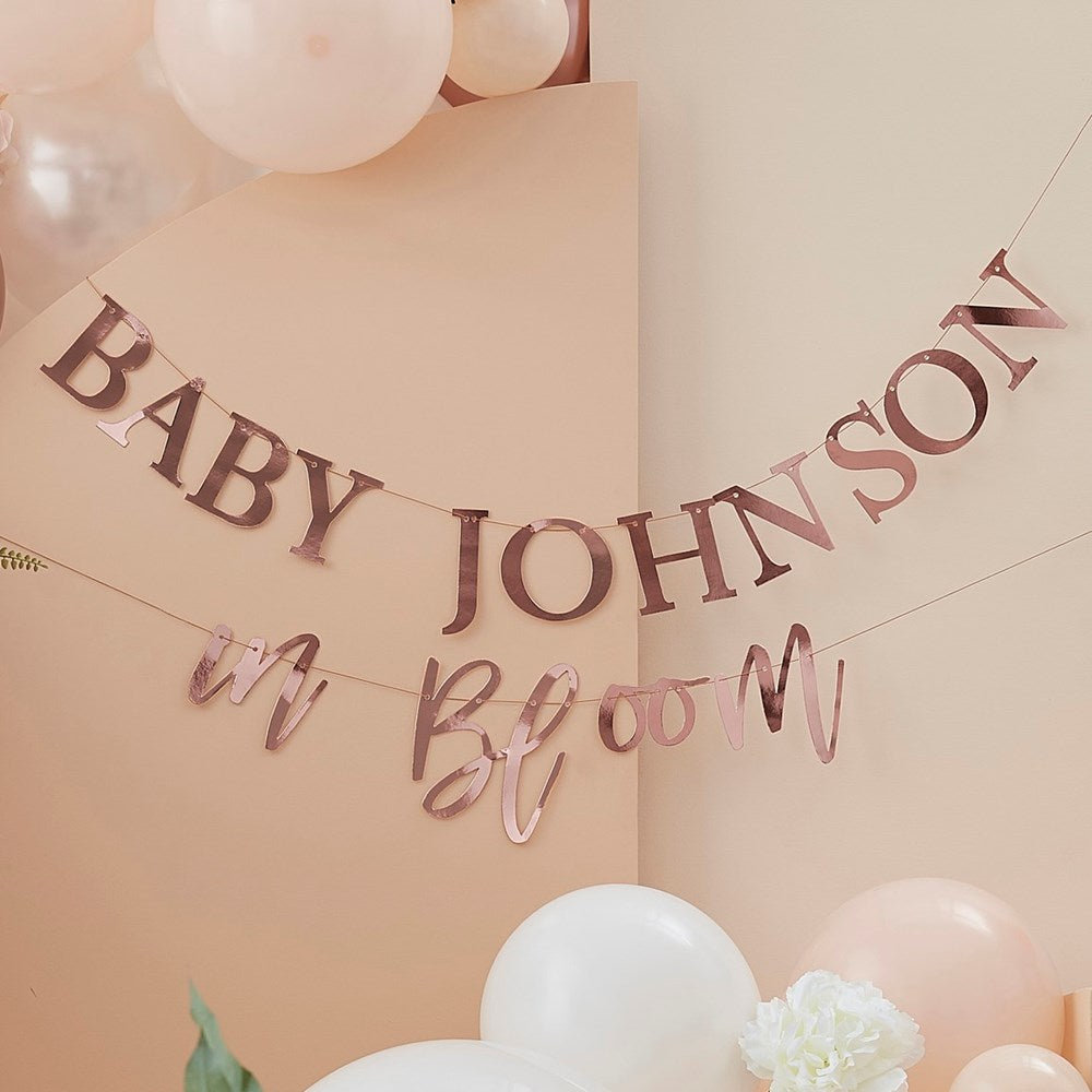 Baby in Bloom Rose Gold Baby Shower Customisable Banner in Peach Set up