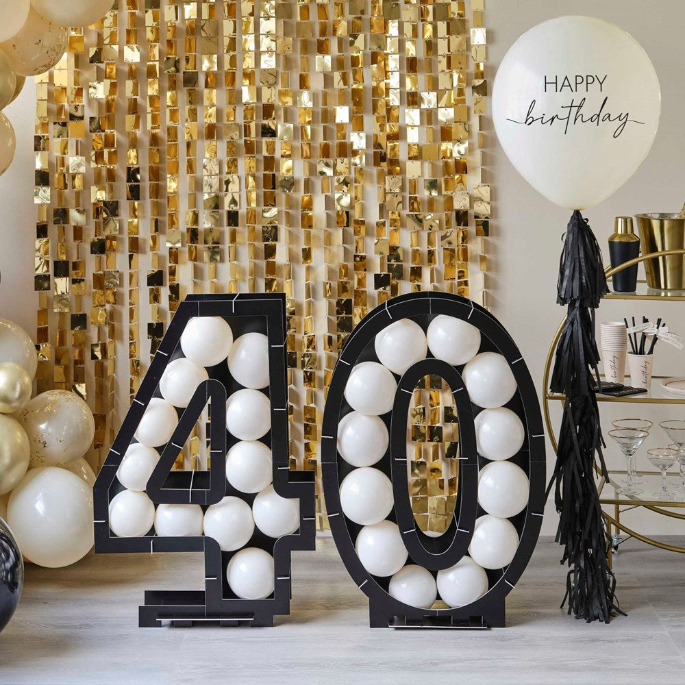 Black 40th Balloon Mosaic Frame Decoration with Gold Back ground and Happy Birthday balloon 