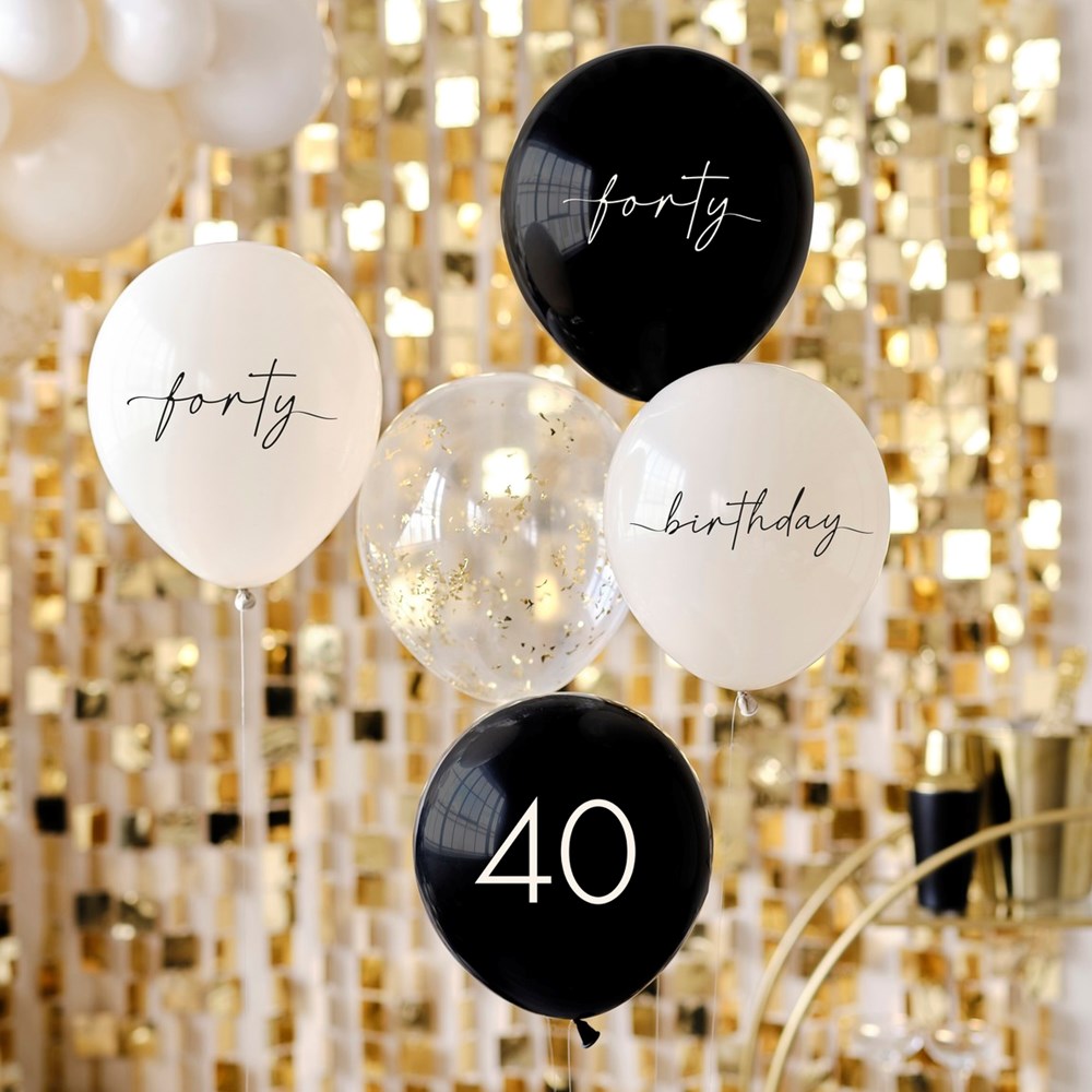 Ginger Ray Black, Nude, Cream & Champagne Gold 40th Birthday Party Balloon Bundle set in Gold Background
