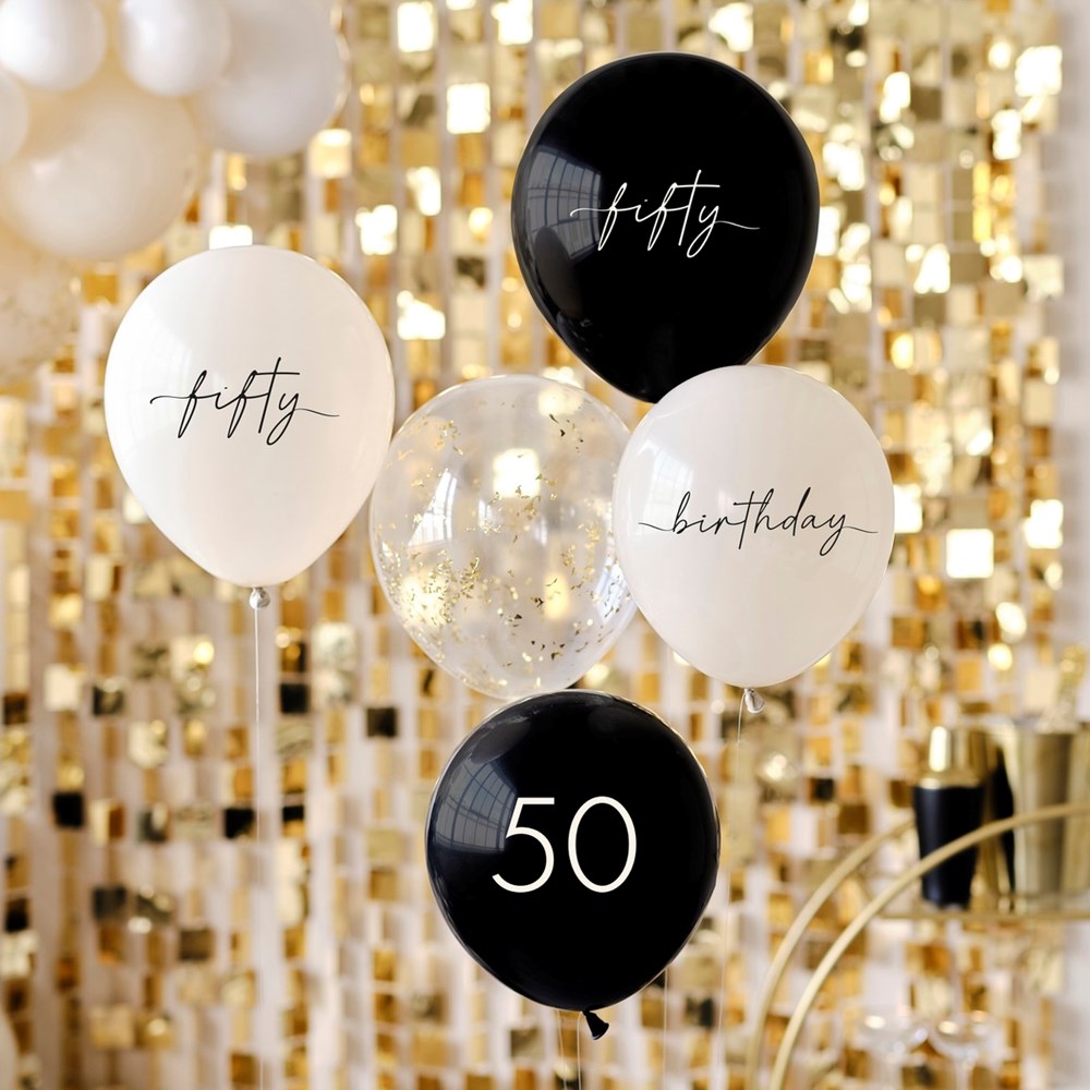 Ginger Ray Black, Nude, Cream & Champagne Gold 50th Birthday Party Balloon Bundle set in Gold background