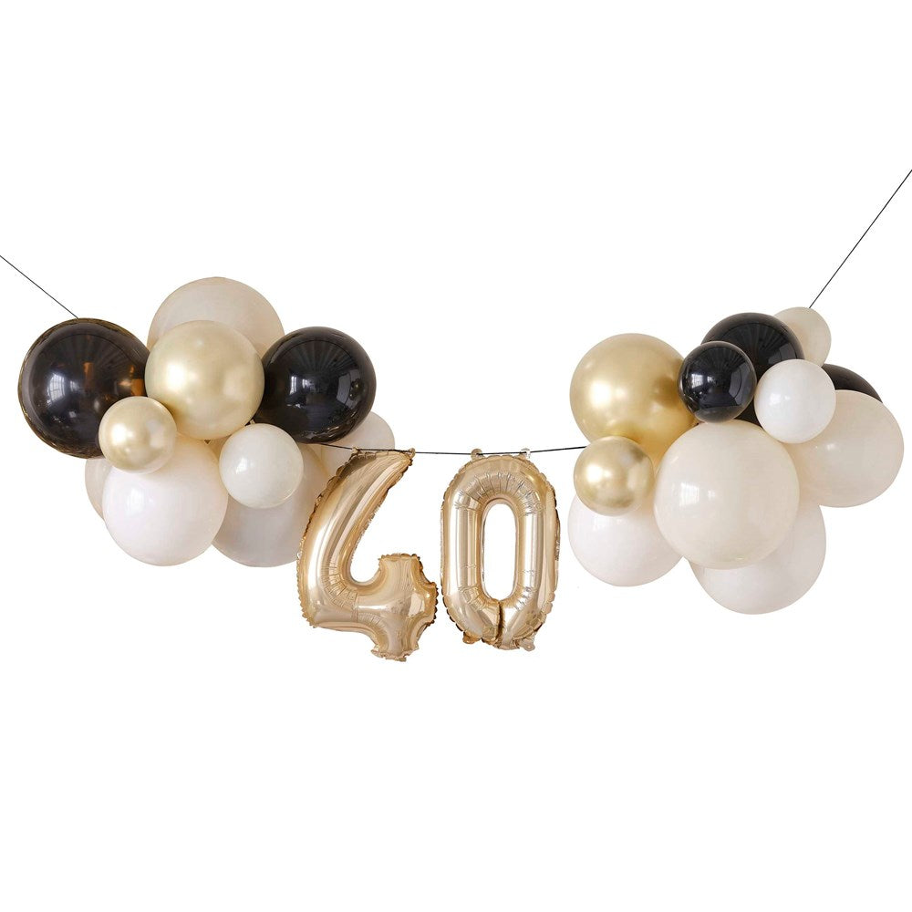 Ginger Ray 40th Birthday Milestone Balloon Bunting Decoration with mini numbers 40 and Black, White, Whitesand, Gold latex Balloons
