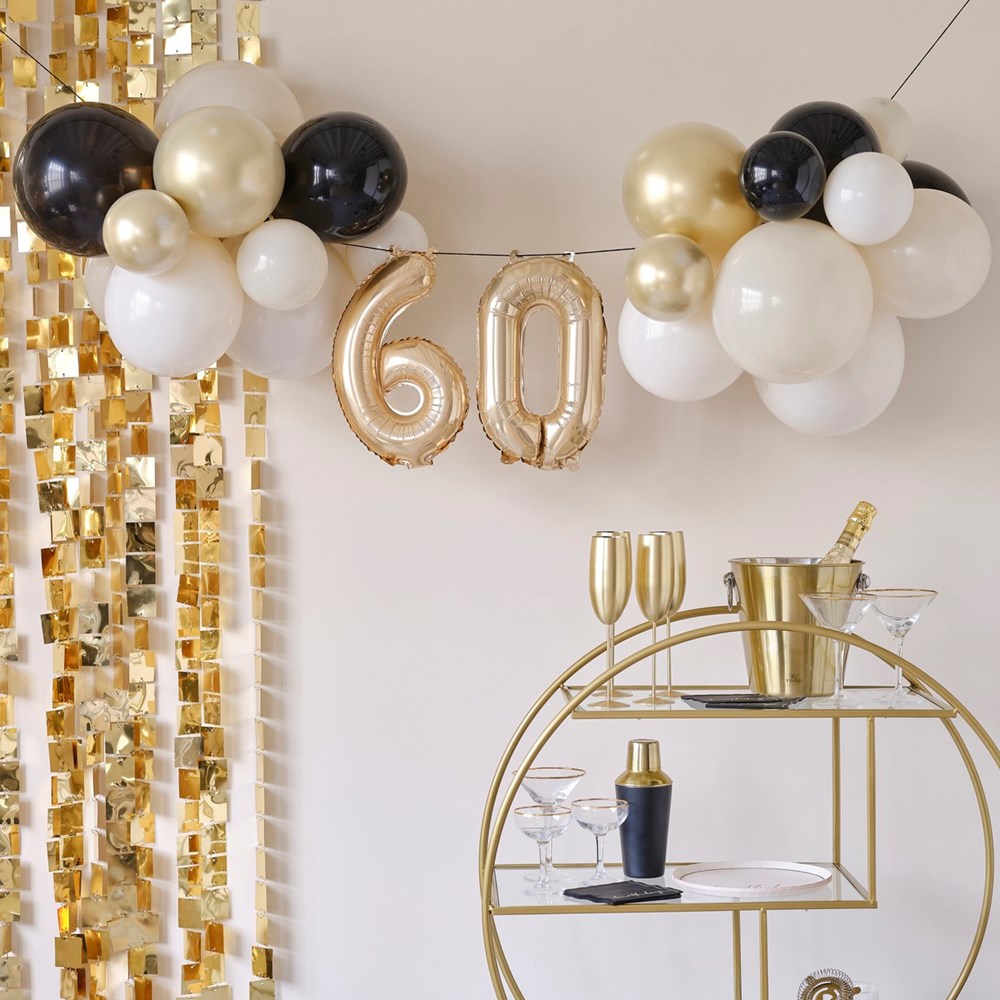 60th Birthday Milestone Balloon Bunting Decoration with Gold Mini Number Balloons 60 and Black, Chrome Gold and White Latex Balloons with Gold Background