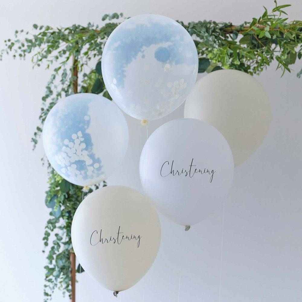 Ginger Ray Christening Noir White, Nude & Confetti Balloon Bundle pack of 5 in front of a green garland